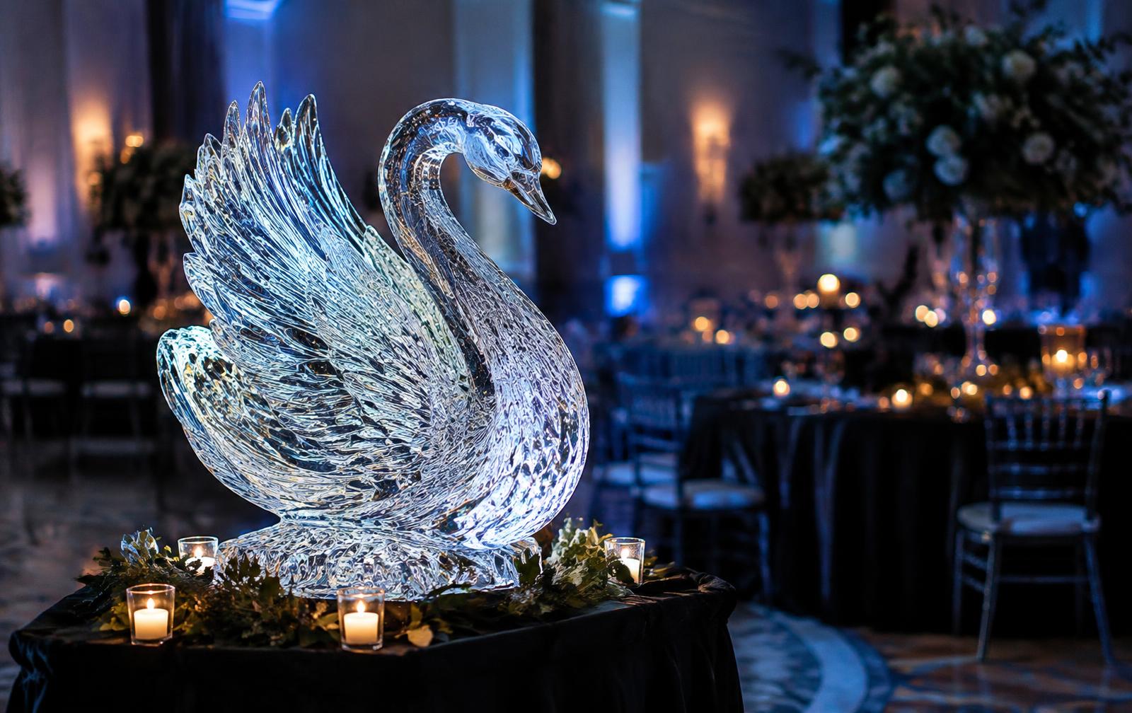 Hand-carved ice swan sculpture at a luxury Florida wedding